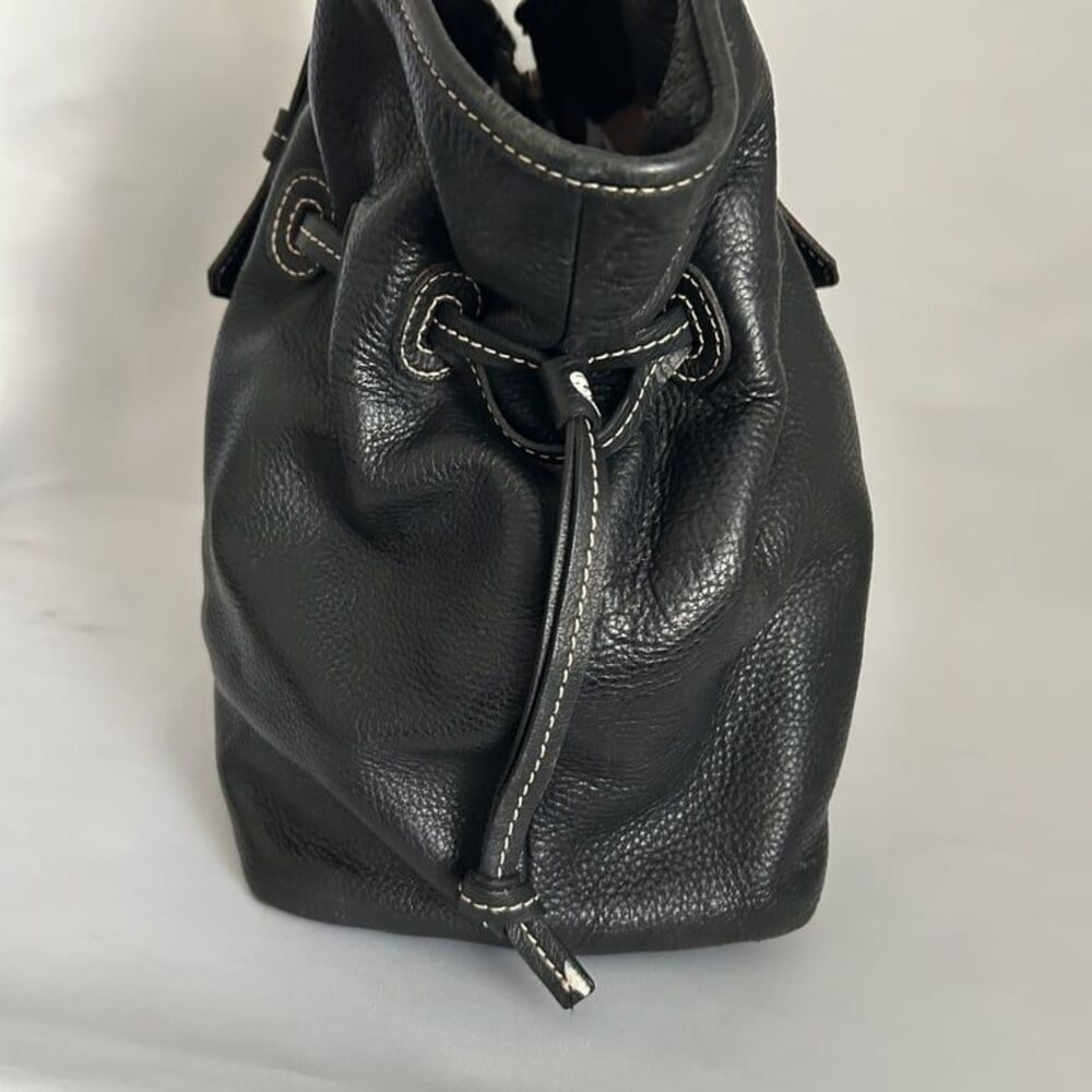 Dooney & Bourke Pebbled Leather Drawstring Tote Satchel Black Contrast Stitch - Picture 3 of 15